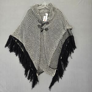 BHFO Women Jacket Size L Black White Knit Shawl Preppy Fringe Classic Button Top
